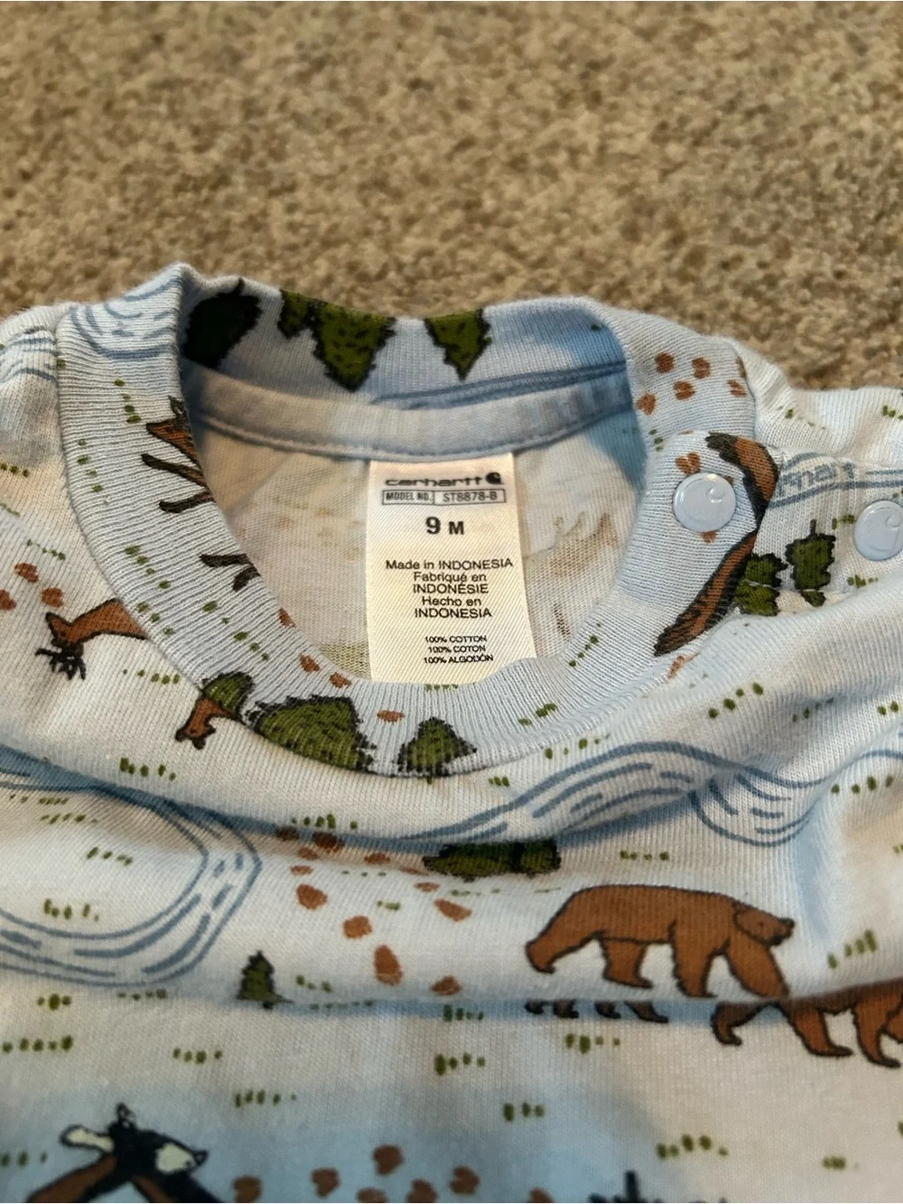Carhartt Light Blue Baby Bodysuit with Brown & Green Woodland Print